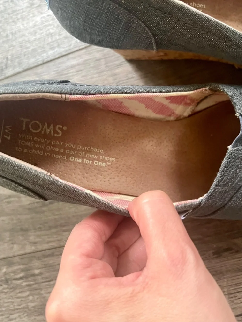Tom’s wedge heels in denim with silver metallic fleck Size 7